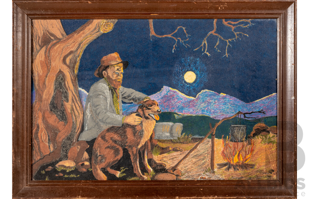 Artist Unknown, (20th Century, Australian), Swag Man & Dog Boiling the Billy, Wonderful Original Vintage Pencil and Watercolour, 37 x 52 cm (frame)