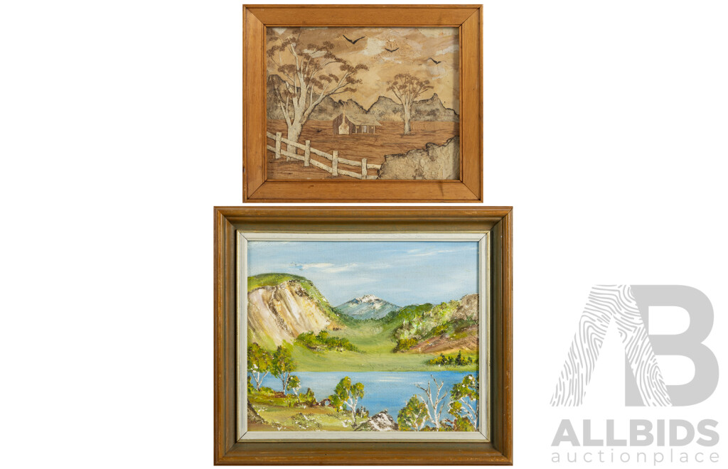 Artist Unknown (20th Century, Australian), Drovers Shack, Vintage Original Tree Bark Mixed Media & 'Pirrie' Margaret Bell (20th Century, Australian), Water View, Orignal Oil on Canvas Board, (2)