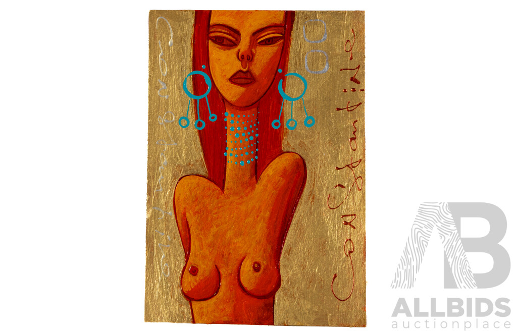 Constantine Popov, (20th Century, Russian-Australian, 1962-), Kit on - Trio of Girls with Earrings on Gold & Bronze, Wonderful Originals Acrylic on Thick Card, 21 x 15 cm (3)