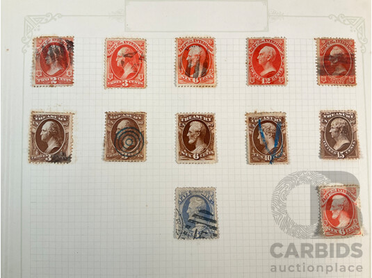 Collection of USA 1870's Stamps Including Department of the Interior, Treasury, Navy Department and War Department, Hand Cancel