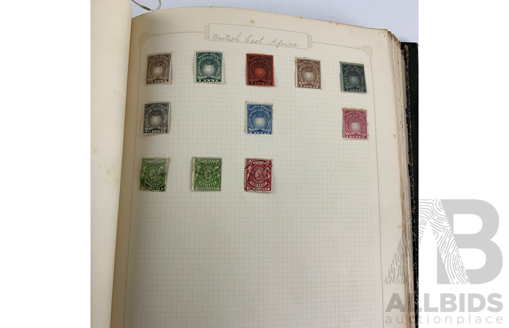 Album of Mostly Antique Commonwealth Countries Stamps Including Montserrat, Nova Scotia, Turks and Caicos Islands, British East Africa, Cape of Good Hope, Gambia, Mauritius, Nyasland, Sierra Leone, Kenya and More
