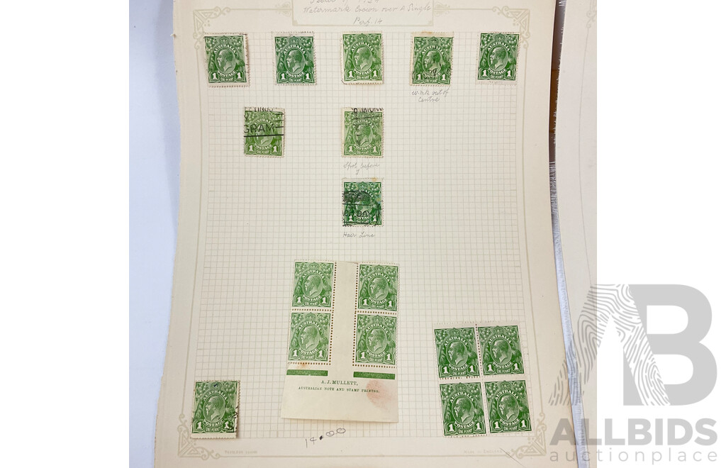 Collection of Australian KGV 1923/24 Stamps, One to Five Penny, Mint Hinged Blocks, Various Water Marks, A.J Mullett Prints
