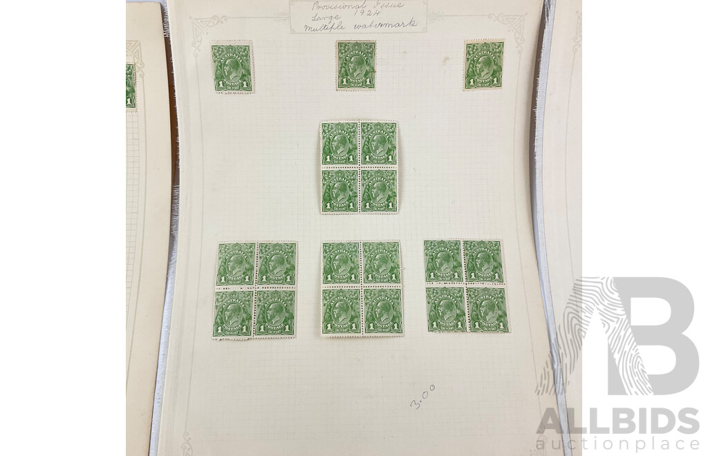 Collection of Australian KGV 1923/24 Stamps, One to Five Penny, Mint Hinged Blocks, Various Water Marks, A.J Mullett Prints