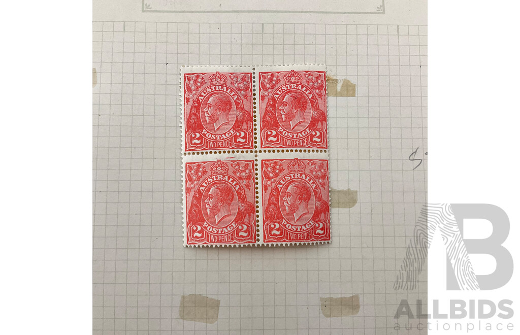 Collection of Australian KGV 1923/24 Stamps, One to Five Penny, Mint Hinged Blocks, Various Water Marks, A.J Mullett Prints