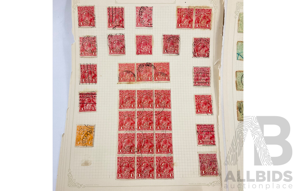 Collection of Australian Predecimal Perfin and Postage Due Stamps Including OS, OS NSW, G NSW, Hand Cancels, Blocks, Kangaroo on Map, KGV, KGVI
