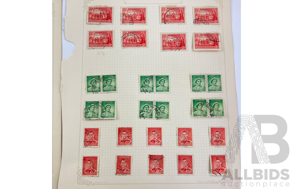 Collection of Australian Predecimal Perfin and Postage Due Stamps Including OS, OS NSW, G NSW, Hand Cancels, Blocks, Kangaroo on Map, KGV, KGVI