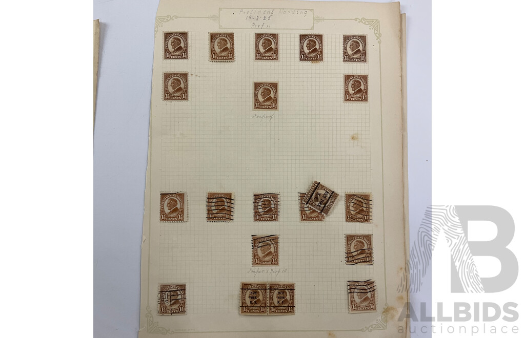 Collection of USA 1920's Stamps Including Harding, Nathan Hale, Harrison, Wilson, Roosevelt, Lexington-Concord Commemorative, Airmail, Overprints, Hinged Mint Blocks