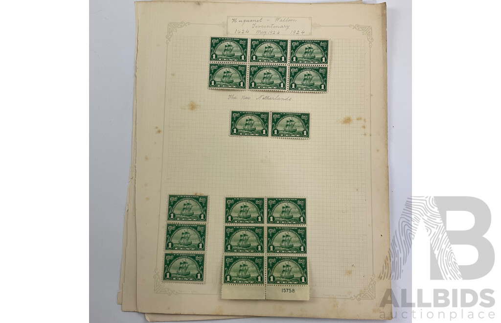 Collection of USA 1920's Stamps Including Harding, Nathan Hale, Harrison, Wilson, Roosevelt, Lexington-Concord Commemorative, Airmail, Overprints, Hinged Mint Blocks