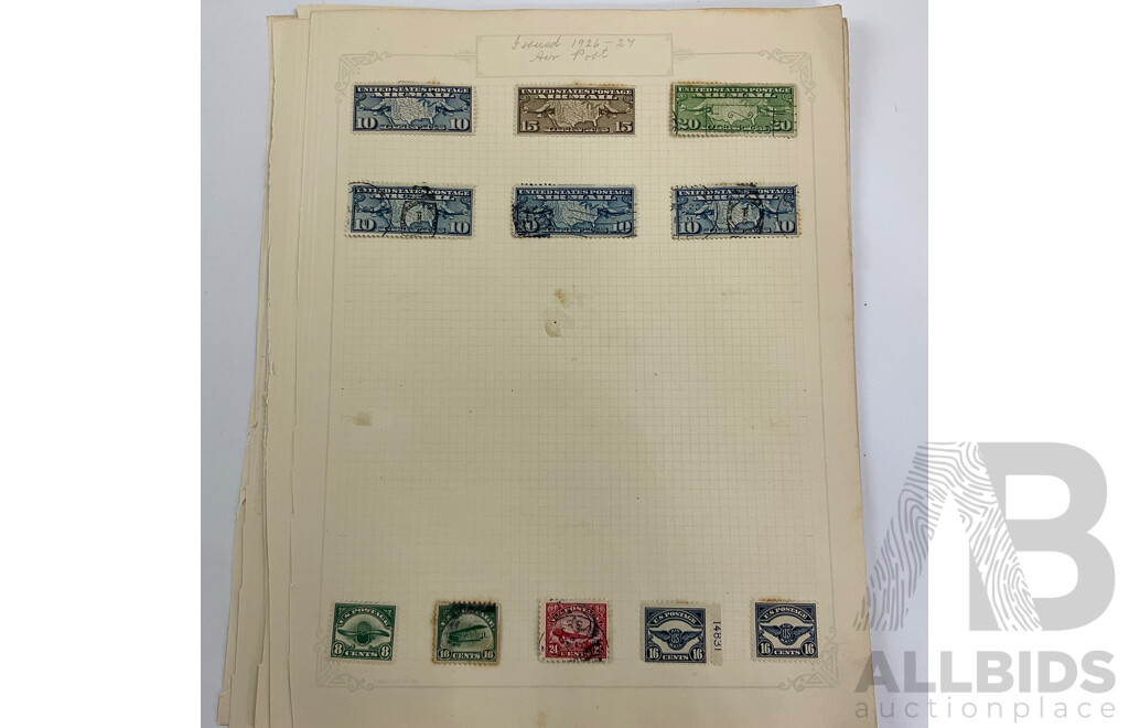 Collection of USA 1920's Stamps Including Harding, Nathan Hale, Harrison, Wilson, Roosevelt, Lexington-Concord Commemorative, Airmail, Overprints, Hinged Mint Blocks