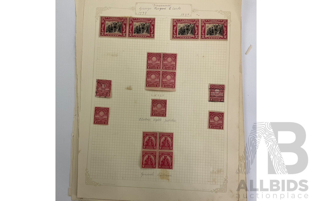 Collection of USA 1920's Stamps Including Harding, Nathan Hale, Harrison, Wilson, Roosevelt, Lexington-Concord Commemorative, Airmail, Overprints, Hinged Mint Blocks