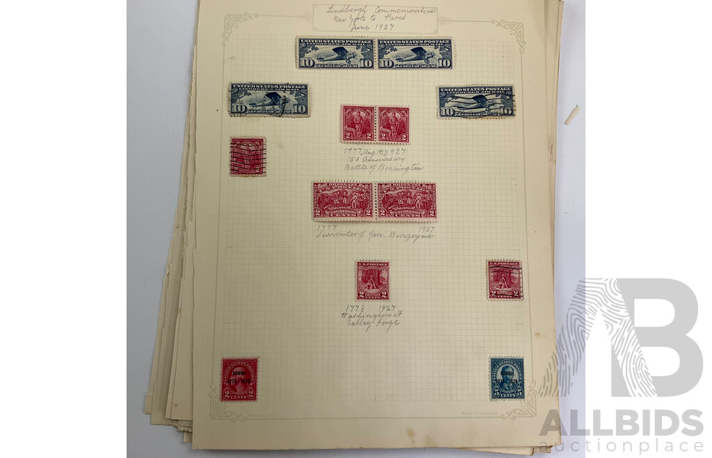 Collection of USA 1920's Stamps Including Harding, Nathan Hale, Harrison, Wilson, Roosevelt, Lexington-Concord Commemorative, Airmail, Overprints, Hinged Mint Blocks