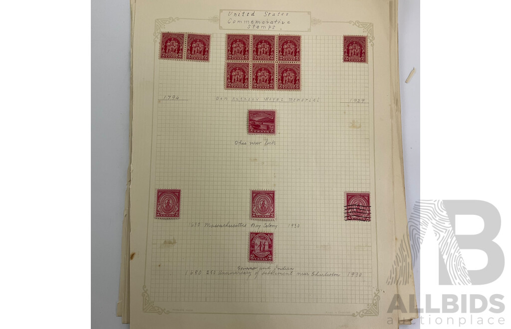 Collection of USA 1920's Stamps Including Harding, Nathan Hale, Harrison, Wilson, Roosevelt, Lexington-Concord Commemorative, Airmail, Overprints, Hinged Mint Blocks