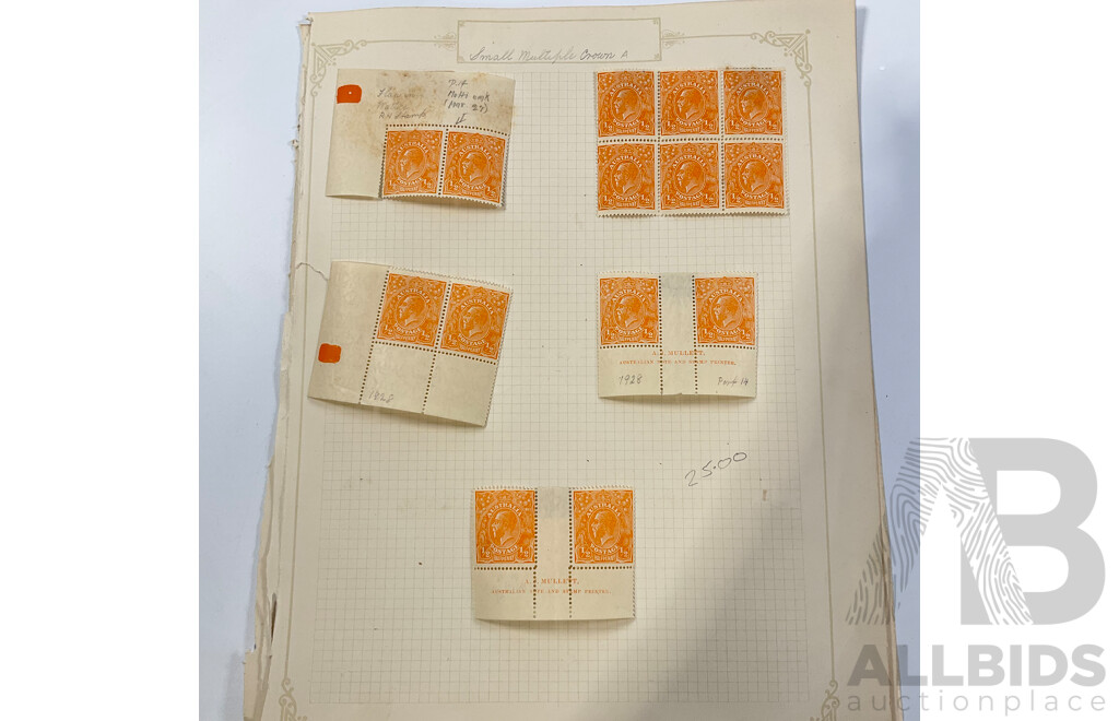 Collection of Australian KGV Half Penny and One Penny Stamps Including Hinged John Ash and A.J Mullett Mint Blocks