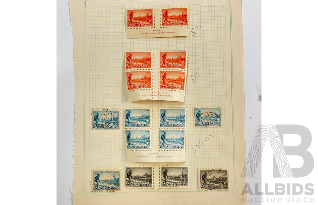 Australian 1934 Cetenary of Victoria Stamps Including Two, Three Penny, One Shilling with John Ash Two and Three Penny Mint Hinged Blocks and Captain John Macarthur Mint Hinged John Ash Block and Pair