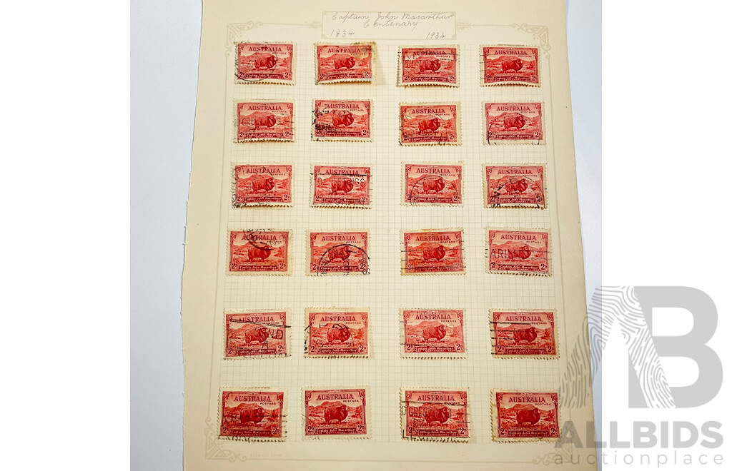 Australian 1934 Cetenary of Victoria Stamps Including Two, Three Penny, One Shilling with John Ash Two and Three Penny Mint Hinged Blocks and Captain John Macarthur Mint Hinged John Ash Block and Pair