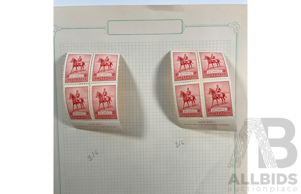 Australian 1935 KGV Coronation Stamps, Two, Three Penny, Two Shilling, Mint Hinged John Ash Two and Three Penny Blocks with 1936 Stamps Commemorating Submarine Telephone Communications to Tasmania, Mint Hinged John Ash Two and Three Penny Blocks