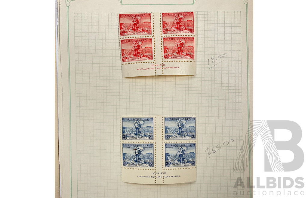 Australian 1935 KGV Coronation Stamps, Two, Three Penny, Two Shilling, Mint Hinged John Ash Two and Three Penny Blocks with 1936 Stamps Commemorating Submarine Telephone Communications to Tasmania, Mint Hinged John Ash Two and Three Penny Blocks