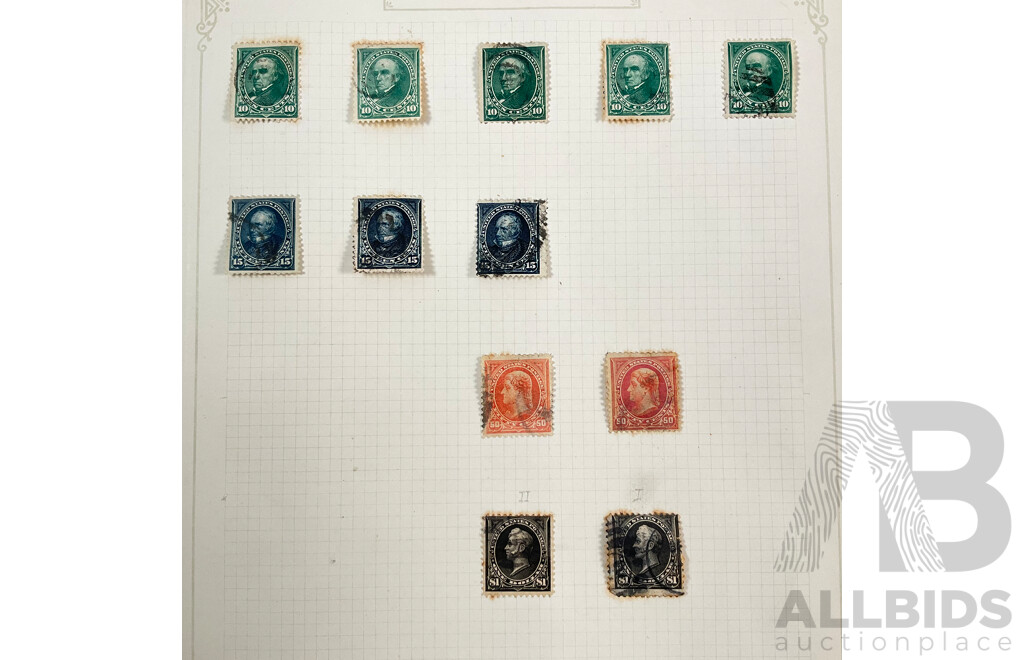 Collection of USA 1890's Stamps Including Oliver Perry One Dollar Type One and Two, Thomas Jefferson Fifty Cent, Daniel Webster Ten Cent and More