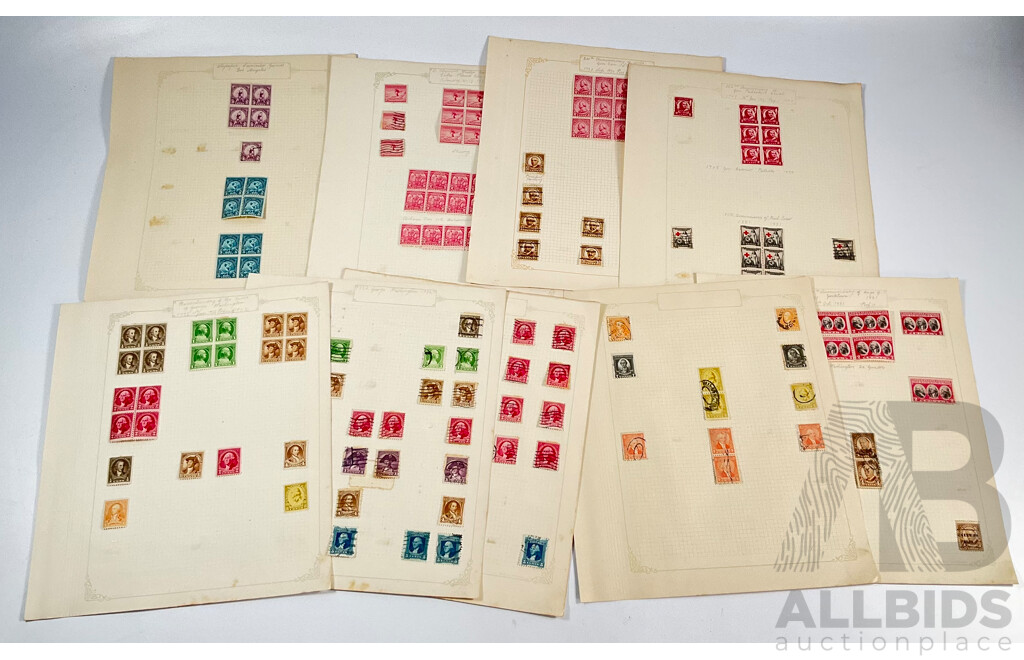 Collection of USA 1930's Stamps Including Mint Hinged Blocks, 1931 150th Anniversary of Yorktown Siege, 50th Anniversary of Red Cross, 1932 Los Angles Olympics, Bicentenary of the Birth of George Washington and More