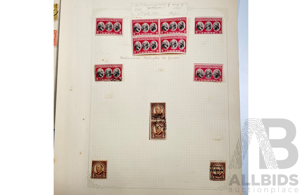 Collection of USA 1930's Stamps Including Mint Hinged Blocks, 1931 150th Anniversary of Yorktown Siege, 50th Anniversary of Red Cross, 1932 Los Angles Olympics, Bicentenary of the Birth of George Washington and More