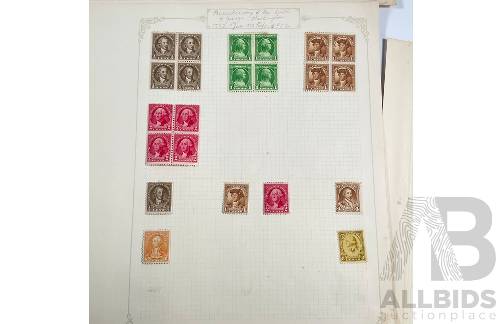 Collection of USA 1930's Stamps Including Mint Hinged Blocks, 1931 150th Anniversary of Yorktown Siege, 50th Anniversary of Red Cross, 1932 Los Angles Olympics, Bicentenary of the Birth of George Washington and More