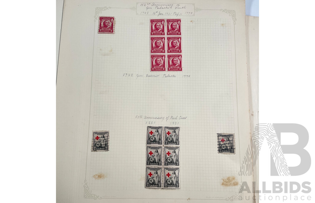 Collection of USA 1930's Stamps Including Mint Hinged Blocks, 1931 150th Anniversary of Yorktown Siege, 50th Anniversary of Red Cross, 1932 Los Angles Olympics, Bicentenary of the Birth of George Washington and More