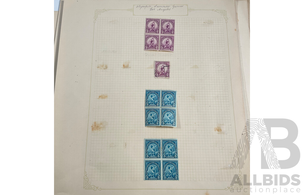 Collection of USA 1930's Stamps Including Mint Hinged Blocks, 1931 150th Anniversary of Yorktown Siege, 50th Anniversary of Red Cross, 1932 Los Angles Olympics, Bicentenary of the Birth of George Washington and More