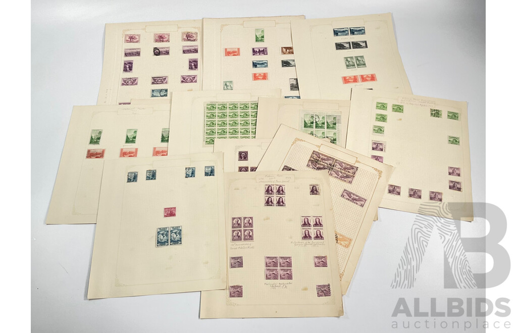 Collection of USA Stamps Including Mint Hinged 1932 William Penn, Daniel Webster, 1933 General Oglethorpe Blocks, Mint Hinged 1933 Chicago Centenary Mini Sheet and Imperfs, Mint Hinged Pairs and More