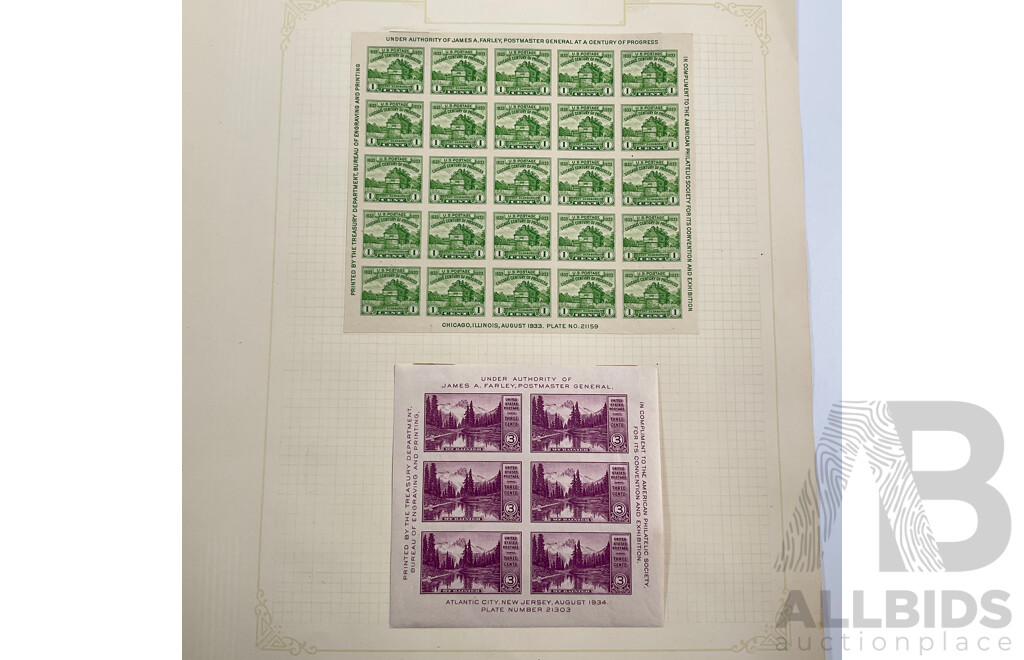 Collection of USA Stamps Including Mint Hinged 1932 William Penn, Daniel Webster, 1933 General Oglethorpe Blocks, Mint Hinged 1933 Chicago Centenary Mini Sheet and Imperfs, Mint Hinged Pairs and More