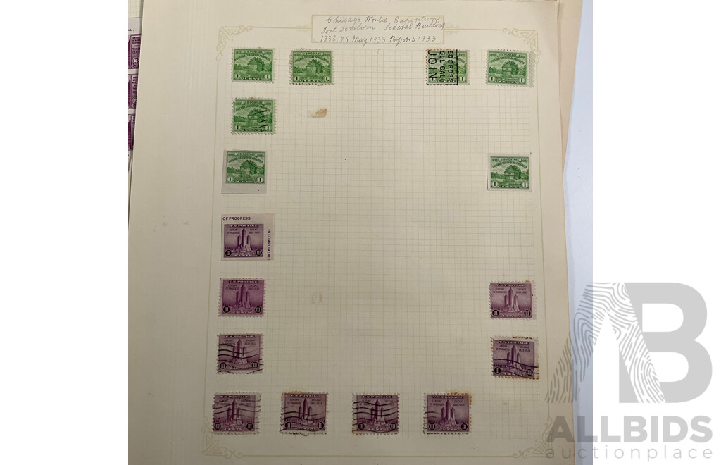 Collection of USA Stamps Including Mint Hinged 1932 William Penn, Daniel Webster, 1933 General Oglethorpe Blocks, Mint Hinged 1933 Chicago Centenary Mini Sheet and Imperfs, Mint Hinged Pairs and More