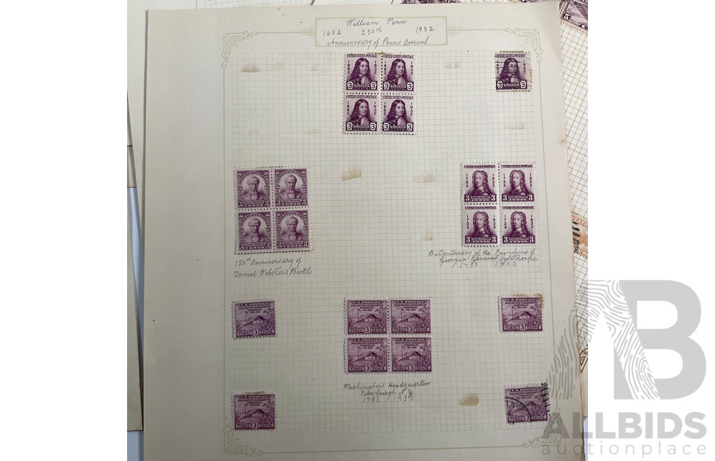 Collection of USA Stamps Including Mint Hinged 1932 William Penn, Daniel Webster, 1933 General Oglethorpe Blocks, Mint Hinged 1933 Chicago Centenary Mini Sheet and Imperfs, Mint Hinged Pairs and More