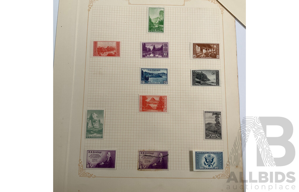 Collection of USA Stamps Including Mint Hinged 1932 William Penn, Daniel Webster, 1933 General Oglethorpe Blocks, Mint Hinged 1933 Chicago Centenary Mini Sheet and Imperfs, Mint Hinged Pairs and More