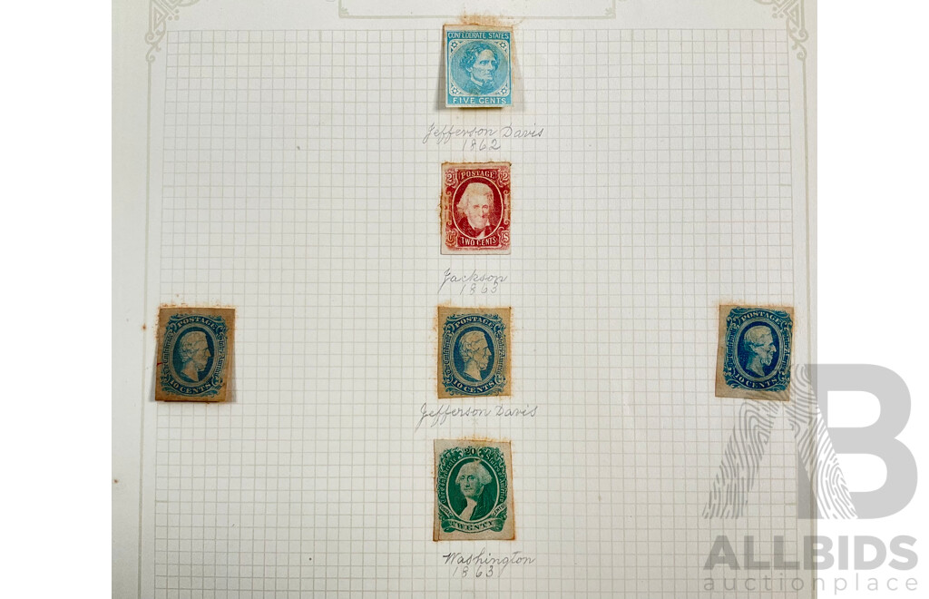 USA 1860's Confederate States Stamps Including Jefferson Davies, Andrew Jackson, George Washington