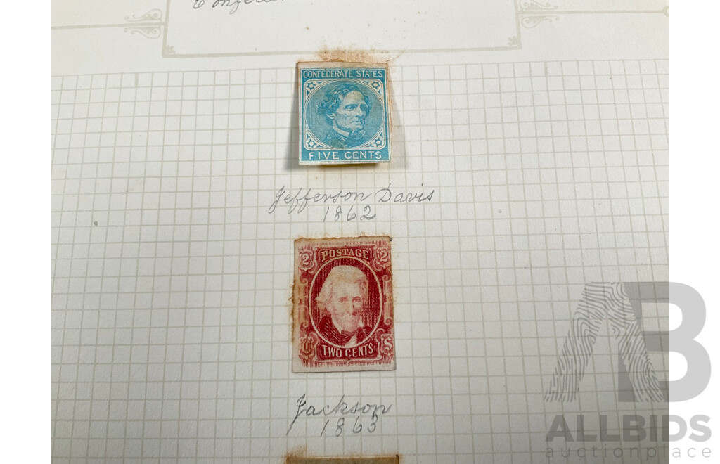 USA 1860's Confederate States Stamps Including Jefferson Davies, Andrew Jackson, George Washington