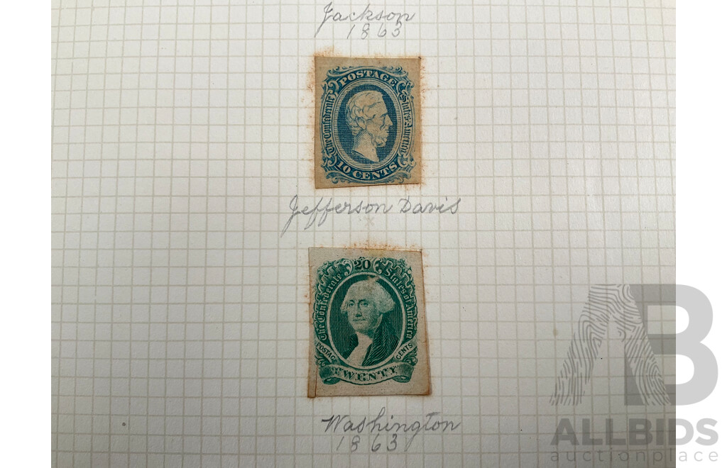 USA 1860's Confederate States Stamps Including Jefferson Davies, Andrew Jackson, George Washington