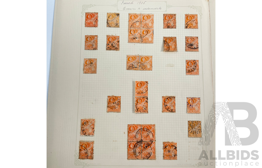 Collection of Australian 1905 New South Wales Stamps Spanning One Penny to Two Shilling and Sixpence, Crown A Water Marks, Cancelled Blocks