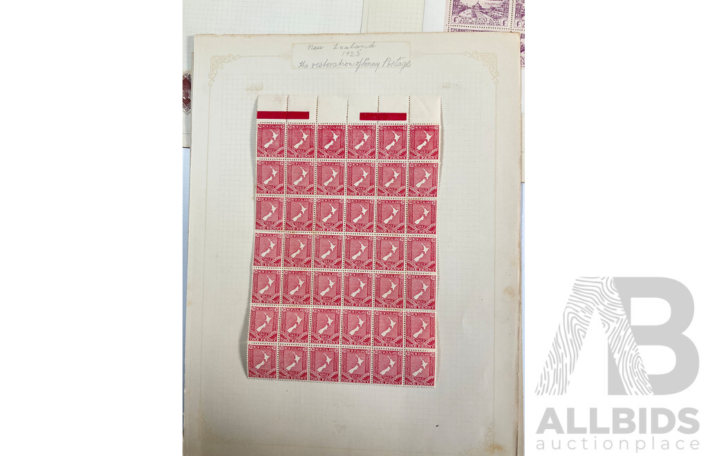 Collection of New Zealand 1920's Hinged Mint and Cancelled Stamp Sheets, Strips and Blocks Including Six Penny Express Post, Admiral Type KGV, 1925-1926 South Sea Exhibition, Blue Water Marks