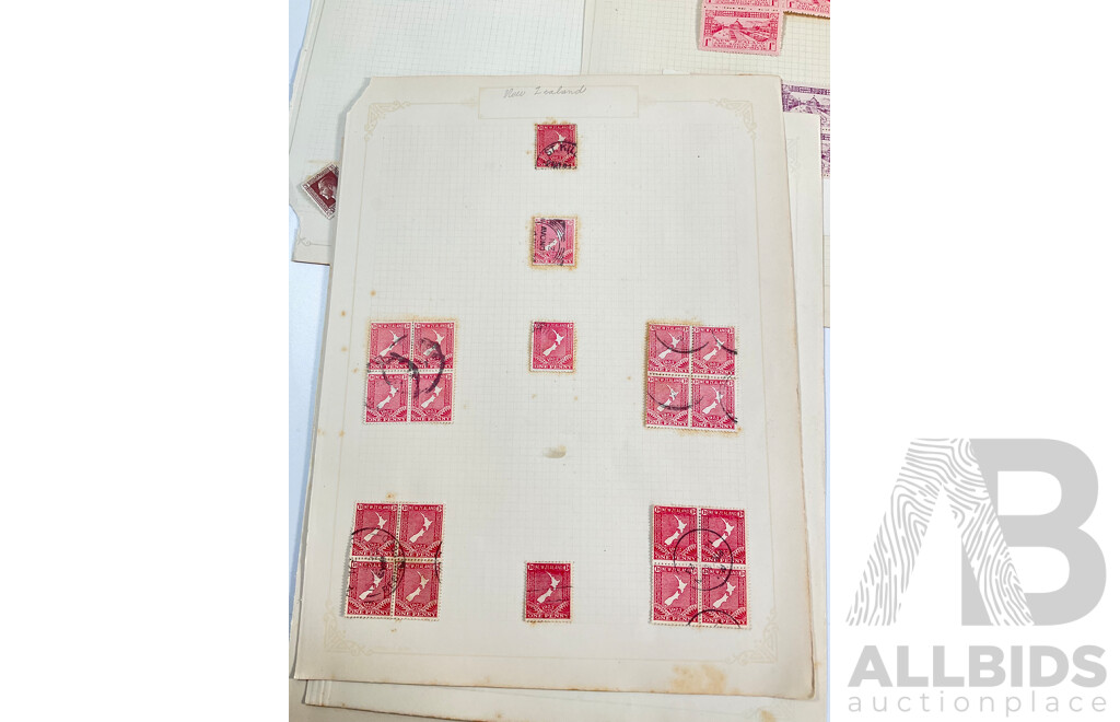 Collection of New Zealand 1920's Hinged Mint and Cancelled Stamp Sheets, Strips and Blocks Including Six Penny Express Post, Admiral Type KGV, 1925-1926 South Sea Exhibition, Blue Water Marks