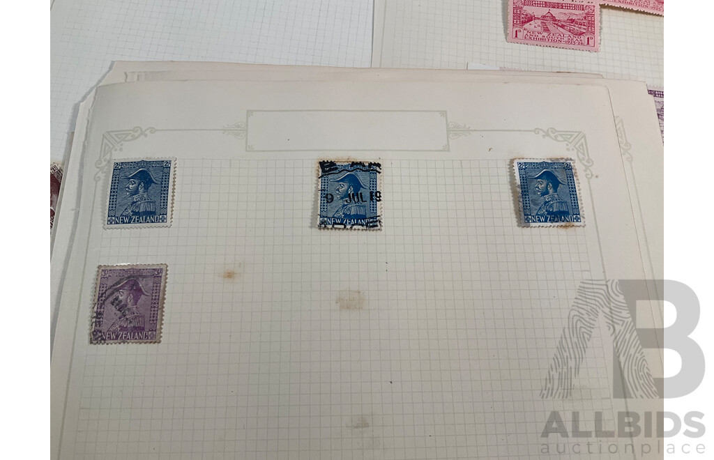 Collection of New Zealand 1920's Hinged Mint and Cancelled Stamp Sheets, Strips and Blocks Including Six Penny Express Post, Admiral Type KGV, 1925-1926 South Sea Exhibition, Blue Water Marks