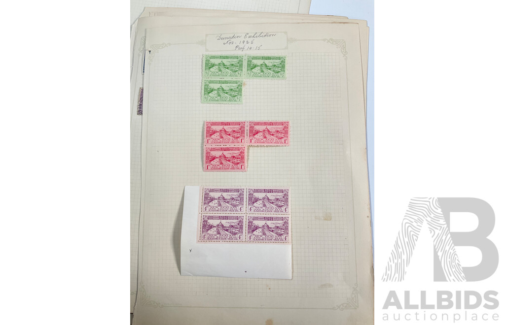 Collection of New Zealand 1920's Hinged Mint and Cancelled Stamp Sheets, Strips and Blocks Including Six Penny Express Post, Admiral Type KGV, 1925-1926 South Sea Exhibition, Blue Water Marks