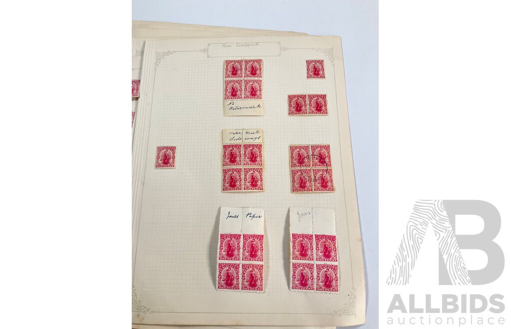 Collection of New Zealand 1920's Hinged Mint and Cancelled Stamp Sheets, Strips and Blocks Including Six Penny Express Post, Admiral Type KGV, 1925-1926 South Sea Exhibition, Blue Water Marks