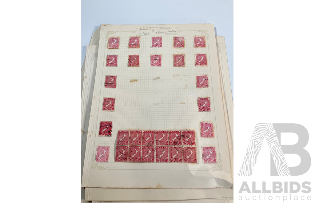 Collection of New Zealand 1920's Hinged Mint and Cancelled Stamp Sheets, Strips and Blocks Including Six Penny Express Post, Admiral Type KGV, 1925-1926 South Sea Exhibition, Blue Water Marks