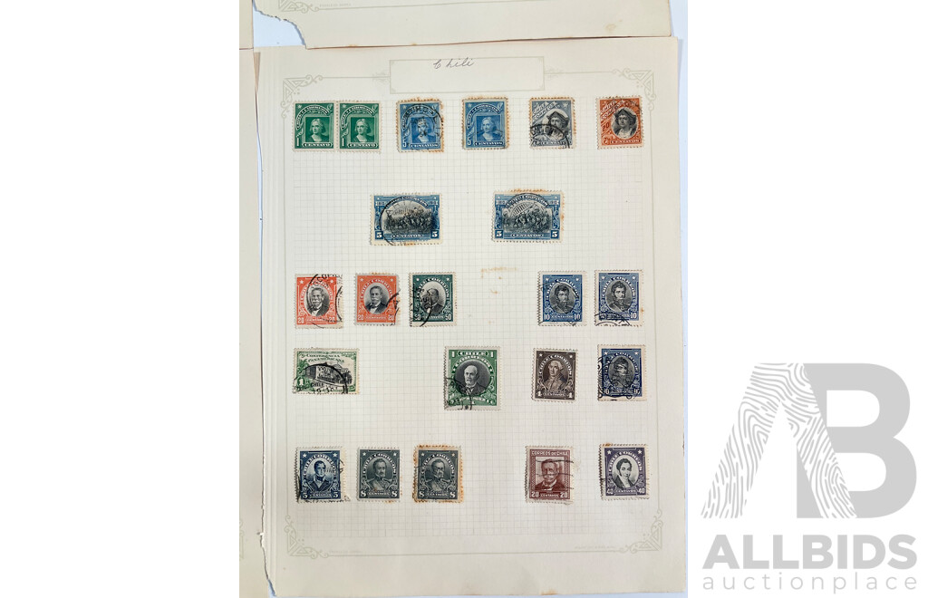 Collection of Chile Stamps Spanning 1880's to 1910's Including Pedro De Valdivia, Christopher Columbus, Hand Cancels, Over Prints