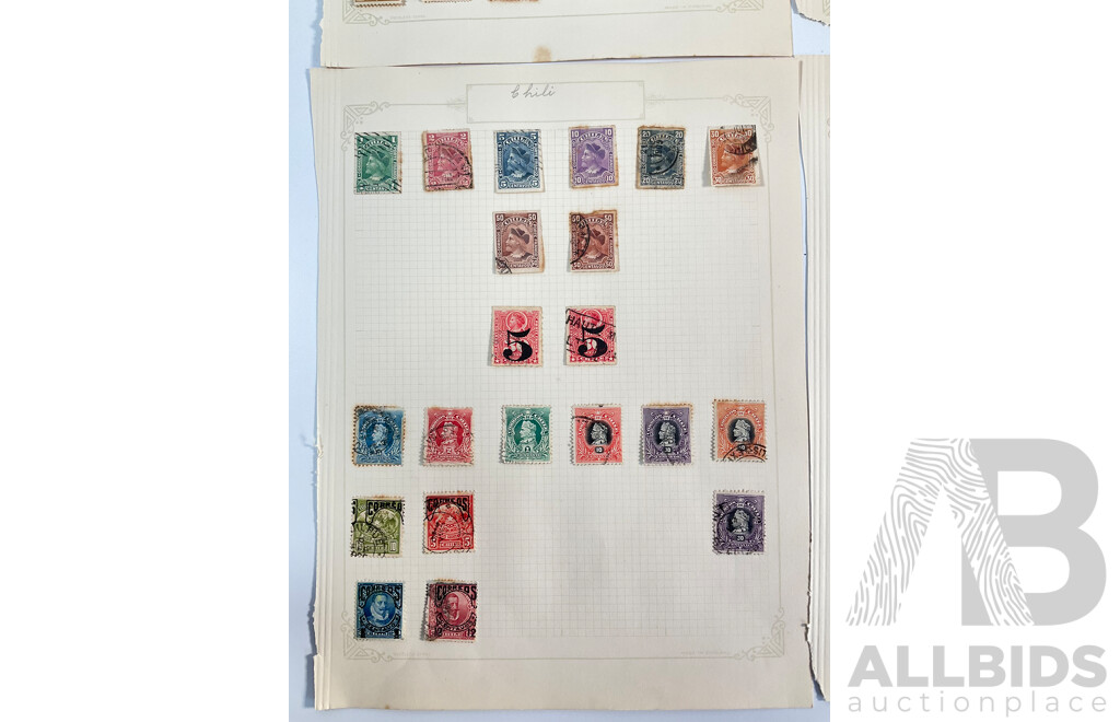 Collection of Chile Stamps Spanning 1880's to 1910's Including Pedro De Valdivia, Christopher Columbus, Hand Cancels, Over Prints