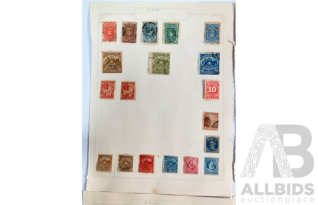 Collection of Chile Stamps Spanning 1880's to 1910's Including Pedro De Valdivia, Christopher Columbus, Hand Cancels, Over Prints