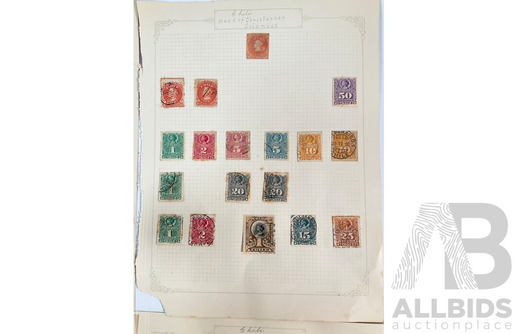 Collection of Chile Stamps Spanning 1880's to 1910's Including Pedro De Valdivia, Christopher Columbus, Hand Cancels, Over Prints
