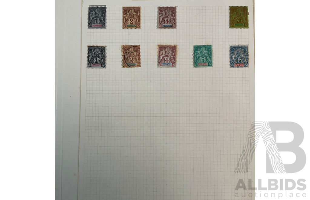 Collection of African French Colonies Stamps Including Congo, Dahomey, Diego Suarez, Gabon, Grande Comore