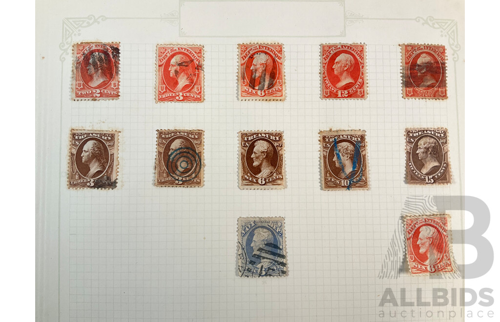 Collection of USA 1870's Stamps Including Department of the Interior, Treasury, Navy Department and War Department, Hand Cancel