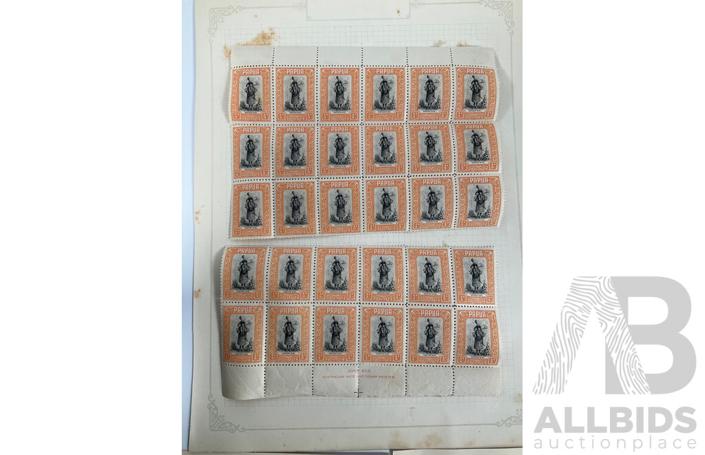 Papua 1932 Half Penny Motuan Girl Mint Hinged Stamp Blocks, John Ash Print, 1931 Lakatoi Set to Four Penny