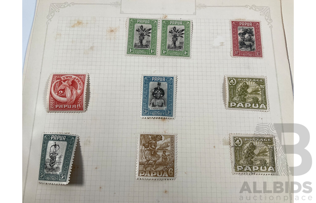 Papua 1932 Half Penny Motuan Girl Mint Hinged Stamp Blocks, John Ash Print, 1931 Lakatoi Set to Four Penny